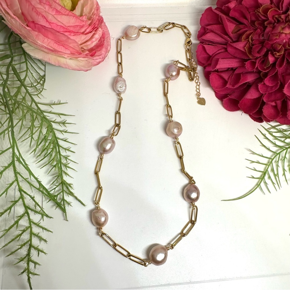 NEW⚜️Baroque Freshwater Pink Pearl Chain Necklace - Picture 3 of 6
